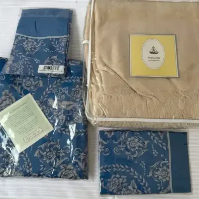 Silk Blue  Sheet , Pillow Cases& Rose Silk Throw NIP