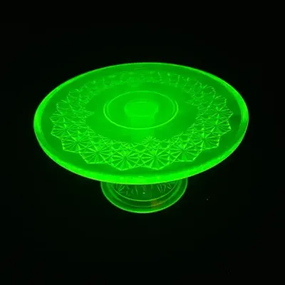Mosser Glass Uranium  Glow Glass Pedestal Cake Stand Queens Pattern