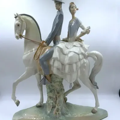 Lladró Large Porcelain Couple on Horseback Figurine – Approx. 17½” Tall