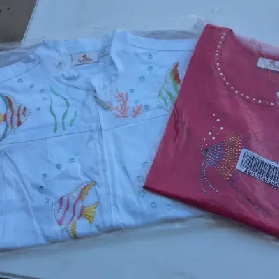 Quacker Factory 2-Piece Tropical Fish Jacket & Hot Pink Embellished Top Size 1X 
