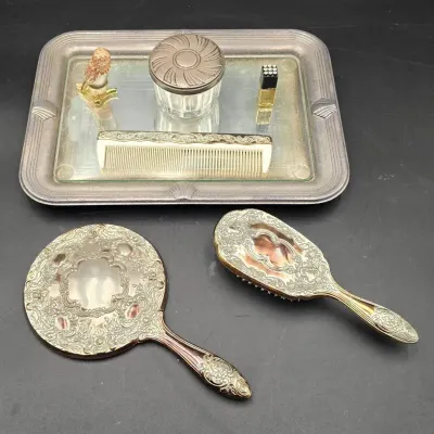 Vintage-Style Vanity Dresser Accessories – Ornate Hand Mirror, Brush, Comb, Perfume Bottles & Tray –