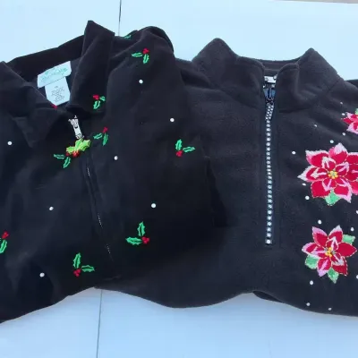 Quacker Factory 2-Piece Black Holiday Embellished Jacket & Fleece Pullover Size 1X 