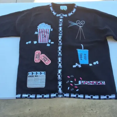 Quacker Factory Movie Night Embellished Black Cardigan Sweater Size 1X 