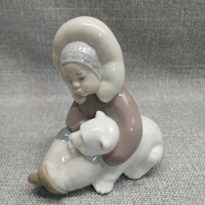 Lladro Eskimo Child & Baby Polar Bear Playing