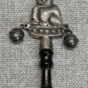 Antique Silver Plate Baby Rattle & Whistle Toy with Cat 