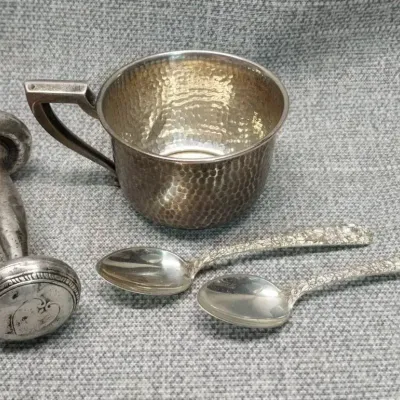 Sterling Baby Rattle, Cup & Spoons