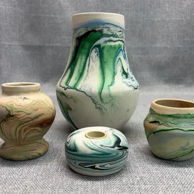 Nemadji Pottery in Hues of Green and a Touch of Blue