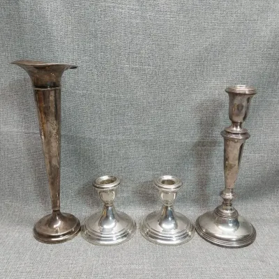 Sterling Weighted Candle Holders & Vase