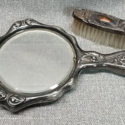 Victor Silver Co. Antique Hand Mirror & Brush