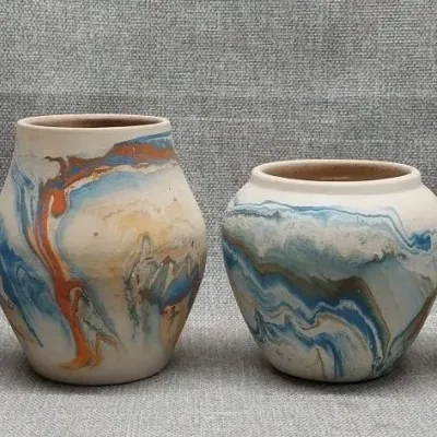 Nemadji Pottery in Hues of Tan and Blue 
