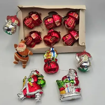 Mid-Century Hard Plastic Christmas Ornaments (12Pc): Mushroom-Style Village, Santa