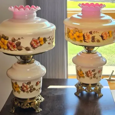 Pair of VTG "Gone With the Wind" Style Floral Milk Glass Hurricane Lamps
