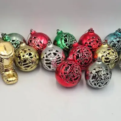 Mid-Century Bradford Style Plastic Christmas Ornaments (17Pc): Filigree Balls, Bells, Lanterns