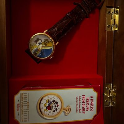 Sale Photo Thumbnail #138: Disney Store Limited Edition Watch Collectors Club Series V wristwatch featuring Beauty and the Beast in its original red felt-lined wooden display box.