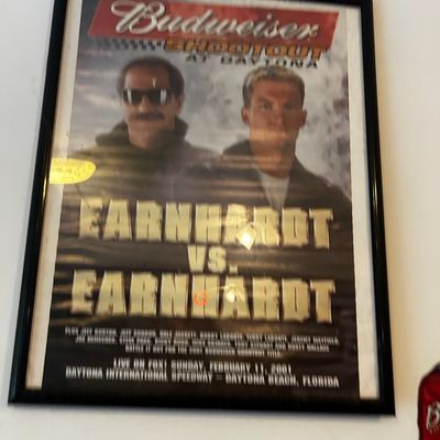 Sale Photo Thumbnail #107: Framed Budweiser Shootout at Daytona promotional poster featuring Dale Earnhardt and Dale Earnhardt Jr. from February 11, 2001.