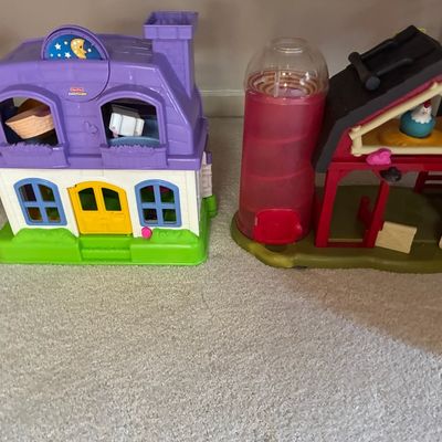 Sale Photo Thumbnail #194: Fisher-Price Little People dollhouse and farm playset with silo, sitting alongside an older tin dollhouse.