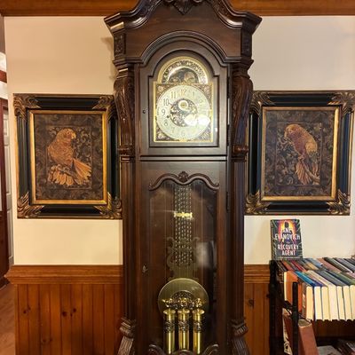 Sale Photo Thumbnail #176: Traditional dark wood grandfather clock featuring a swan-neck pediment, ornate brass face with moon phase dial, and visible pendulum, flanked by framed parrot art prints.