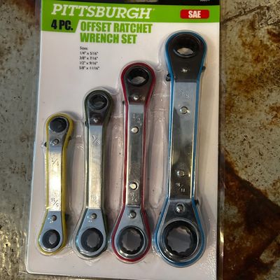 Sale Photo Thumbnail #150: Pittsburgh four-piece SAE offset ratchet wrench set, unused in original blister packaging.