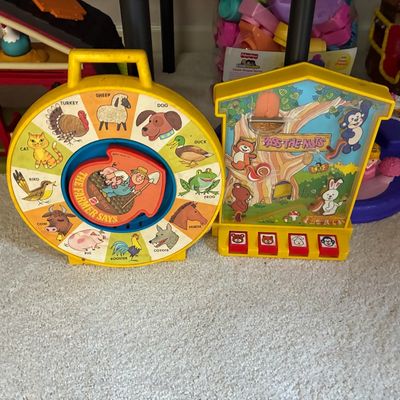 Sale Photo Thumbnail #193: Pair of vintage Mattel children's toys, including a classic See 'N Say The Farmer Says and a Pass The Nuts game, showing light play wear.