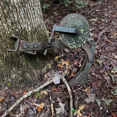 Sale Photo Thumbnail #115: Vintage iron farm implement attachment resting against a tree trunk outdoors, displaying heavy weathering and patina.