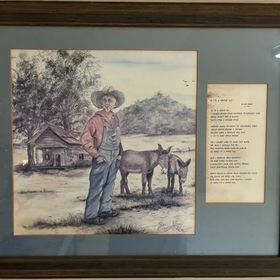 Sale Photo Thumbnail #191: Framed and matted 1985 signed limited-edition print by Sue Skeen, featuring a country scene with a farmer, donkeys, and an accompanying poem, numbered 33/500.