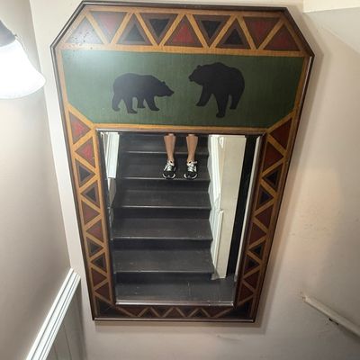 Sale Photo Thumbnail #236: Large rustic wooden wall mirror with painted bear silhouettes and geometric trim, perfect for lodge or cabin decor.