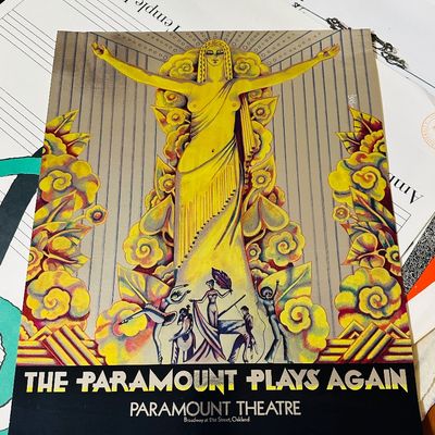 Sale Photo Thumbnail #75: Art Deco style 'The Paramount Plays Again' poster from the Paramount Theatre in Oakland, 
