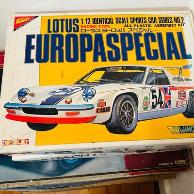 Sale Photo Thumbnail #212: Vintage Nichimo 1/12 scale Lotus Europa Special Racing Type plastic model assembly kit in its original box,