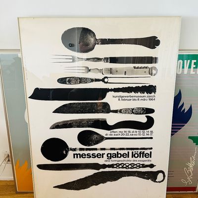 Sale Photo Thumbnail #284: Framed vintage 1964 exhibition poster for "Messer Gabel Löffel" 