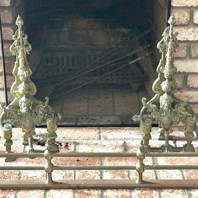 Sale Photo Thumbnail #203: Pair of ornate French  brass andirons 