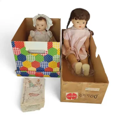 JB122 Vintage Composition/Vinyl Baby and Toddler Doll Pair with Storage Boxes