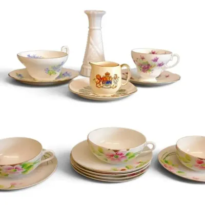 JB162 Assorted Tea Cups/Saucers & Milk Glass Bud Vase