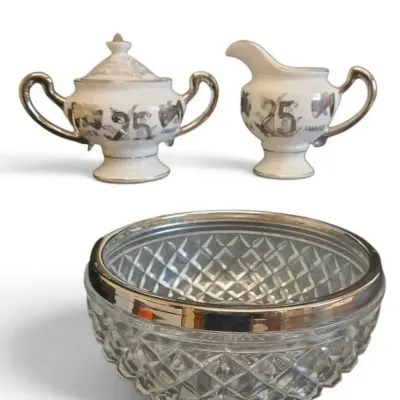 JB157 Lead Crystal Bowl With Silver Plated Rim & Norcrest Silver Anniversary Cream and Sugar Set 