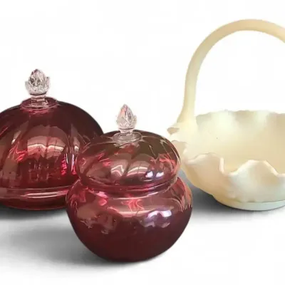 JB154 Fenton Custard Satin Basket & Pair Of Cranberry Glass Covered Dishes 