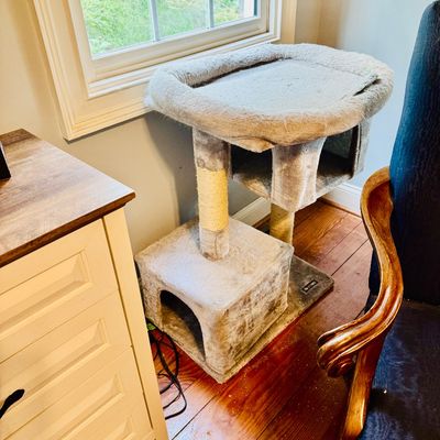 Multi-tier plush grey cat tree featuring a lower condo cave, sisal scratching post, elevated cubby, and top perch bed.
