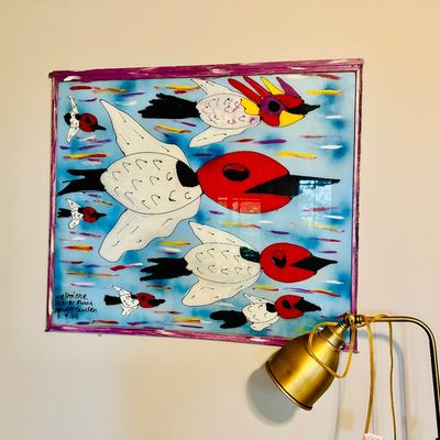 Folk art reverse glass painting titled 'Weird One in Every Bunch' by Mary Paulsen, dated May 9, 2004. Depicts a colorful flock...