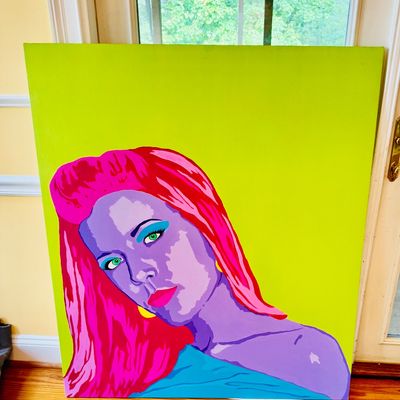Sale Photo Thumbnail #62: Vibrant 1980s pop art style painting depicting a woman's portrait in bold neon colors, set against a bright lime green background.