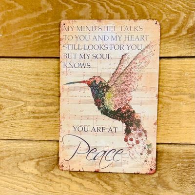 Sale Photo Thumbnail #22: Vintage-style tin metal sign featuring a floral hummingbird illustration and sentimental poem over a sheet music background.