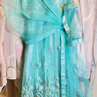 Sale Photo Thumbnail #64: Aqua blue heavily embroidered South Asian formal dress set, featuring intricate beadwork, sequin detailing, and a matching mesh dupatta.