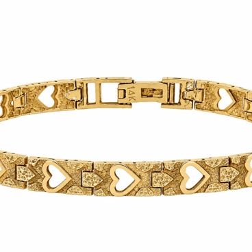 Sale Photo Thumbnail #12: 14K yellow gold link bracelet featuring cut-out heart motifs and textured nugget-style detailing throughout.