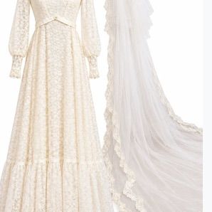 Sale Photo Thumbnail #15: Vintage 1970s lace wedding dress featuring a high sheer neckline, long bishop sleeves, and an empire waist. Paired with a matching long tulle veil adorned with lace trim and a floral headpiece.