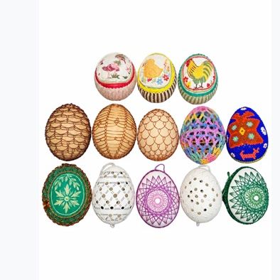 Sale Photo Thumbnail #3: Collection of thirteen handcrafted Easter egg ornaments featuring intricate thread, lace, painted, and beaded designs.
