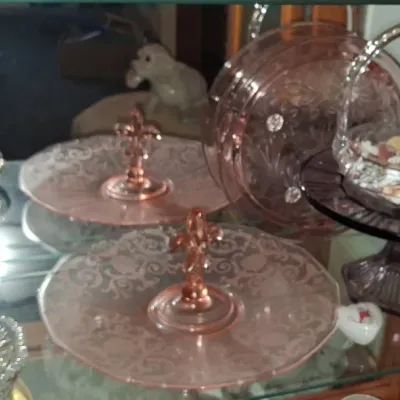 Sale Photo Thumbnail #642: Vintage pink depression glass serving collection