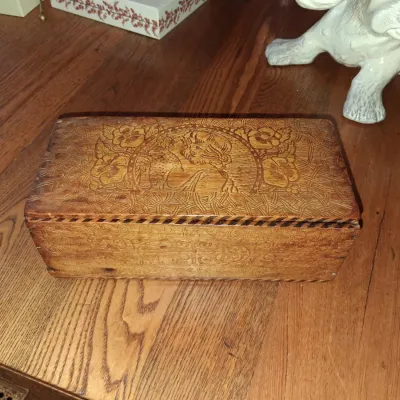 Sale Photo Thumbnail #575: Vintage pyrography and carved wooden keepsake box