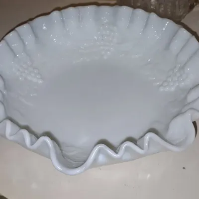 Sale Photo Thumbnail #605: Fenton milk glass grape pattern ruffled bowl