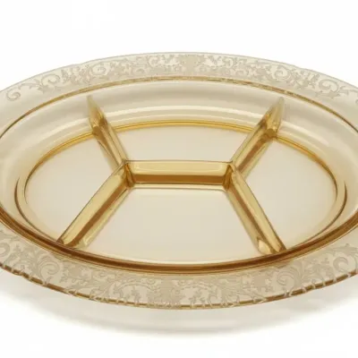 Sale Photo Thumbnail #603: Federal glass madrid amber divided relish dish