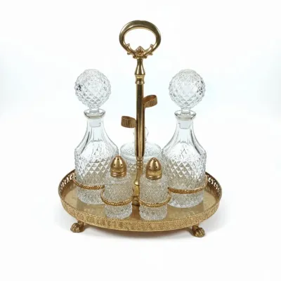 Sale Photo Thumbnail #641: Vintage piece cut glass cruet set on brass stand