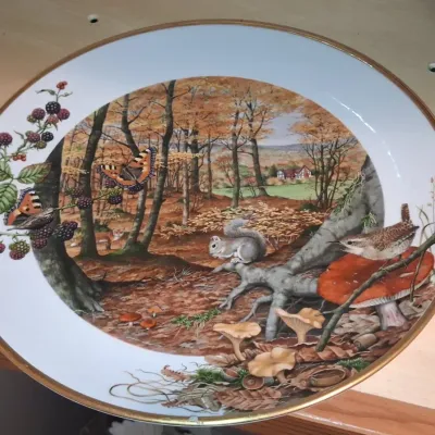 Sale Photo Thumbnail #674: Decorative porcelain collector plate featuring a woodland autumn scene with a squirrel, wren, butterflies, and mushrooms, trimmed with a gold rim.