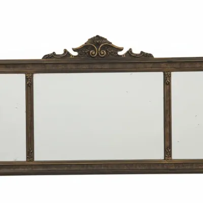 Sale Photo Thumbnail #529: Vintage three-panel ornate vanity or dresser mirror featuring an embellished dark bronze-tone frame with top crest and built-in candle bulb sconces on each side.