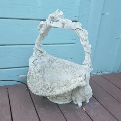 Sale Photo Thumbnail #517: Vintage cast stone rabbit basket planter